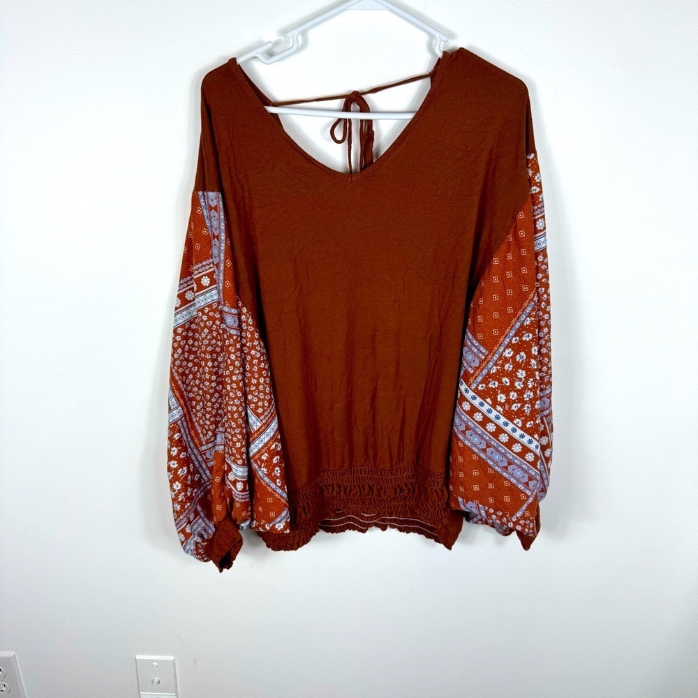 Chicsoul Boho Flowy Blouse Top Womens 1X Rust Orange Fall Bohemian Bishop Sleeve